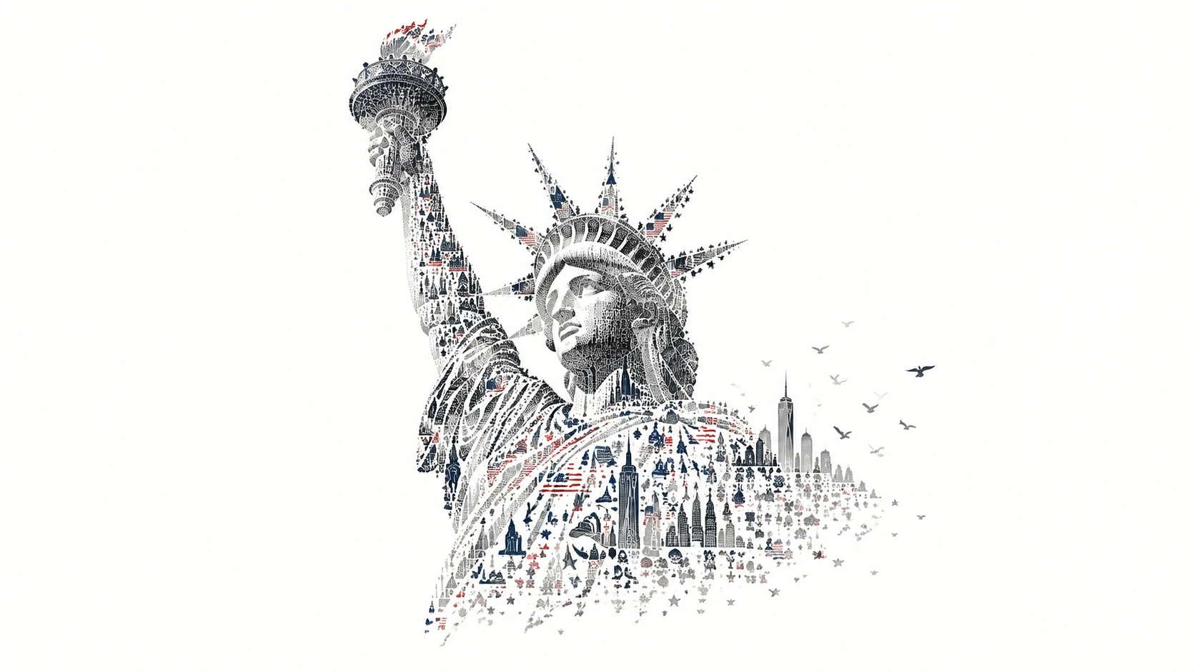 Bandeira americana simbólica emergindo de um vasto espaço em branco