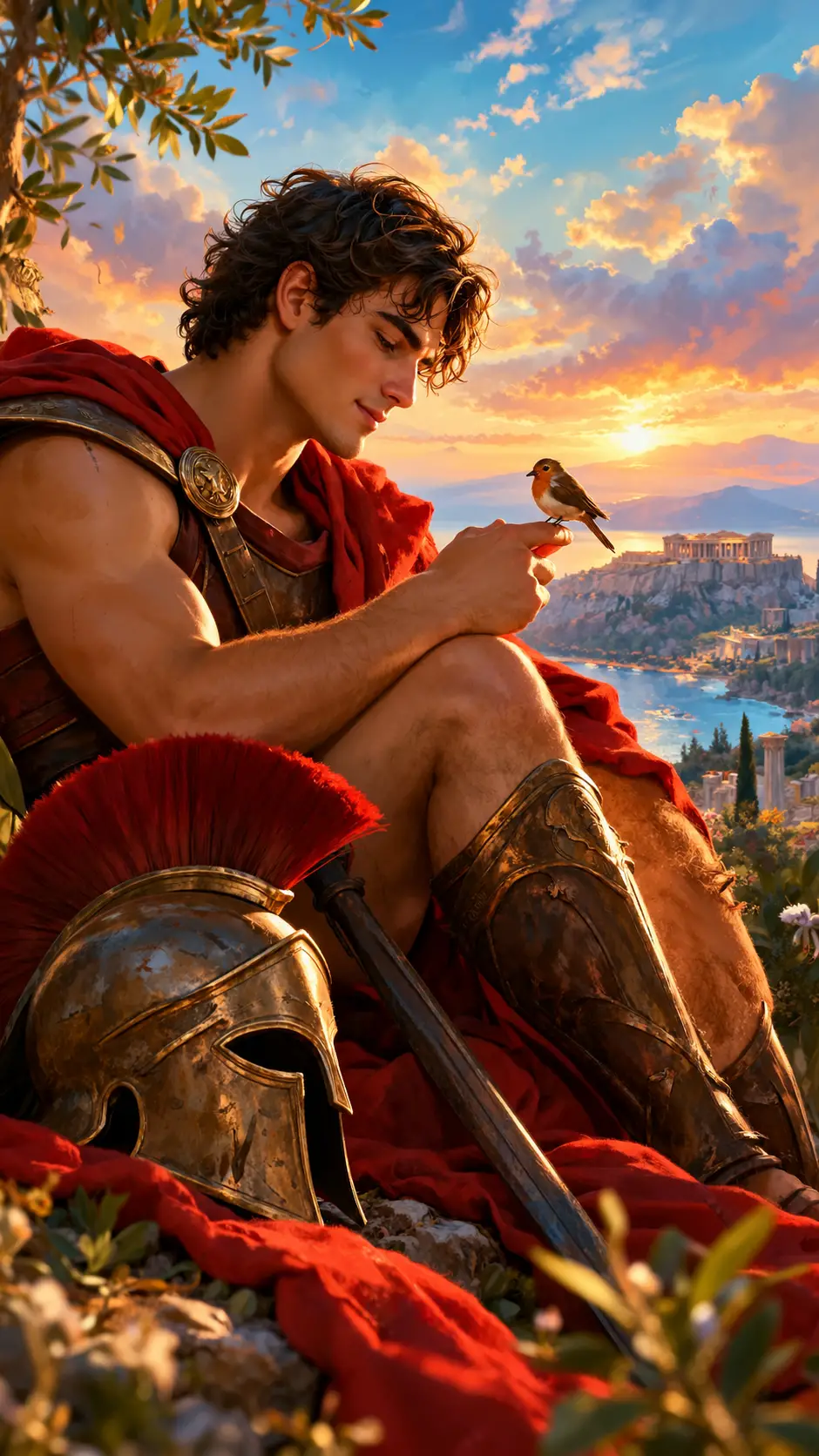 Poetic digital illustration of Ares in a gentle fantasy mood