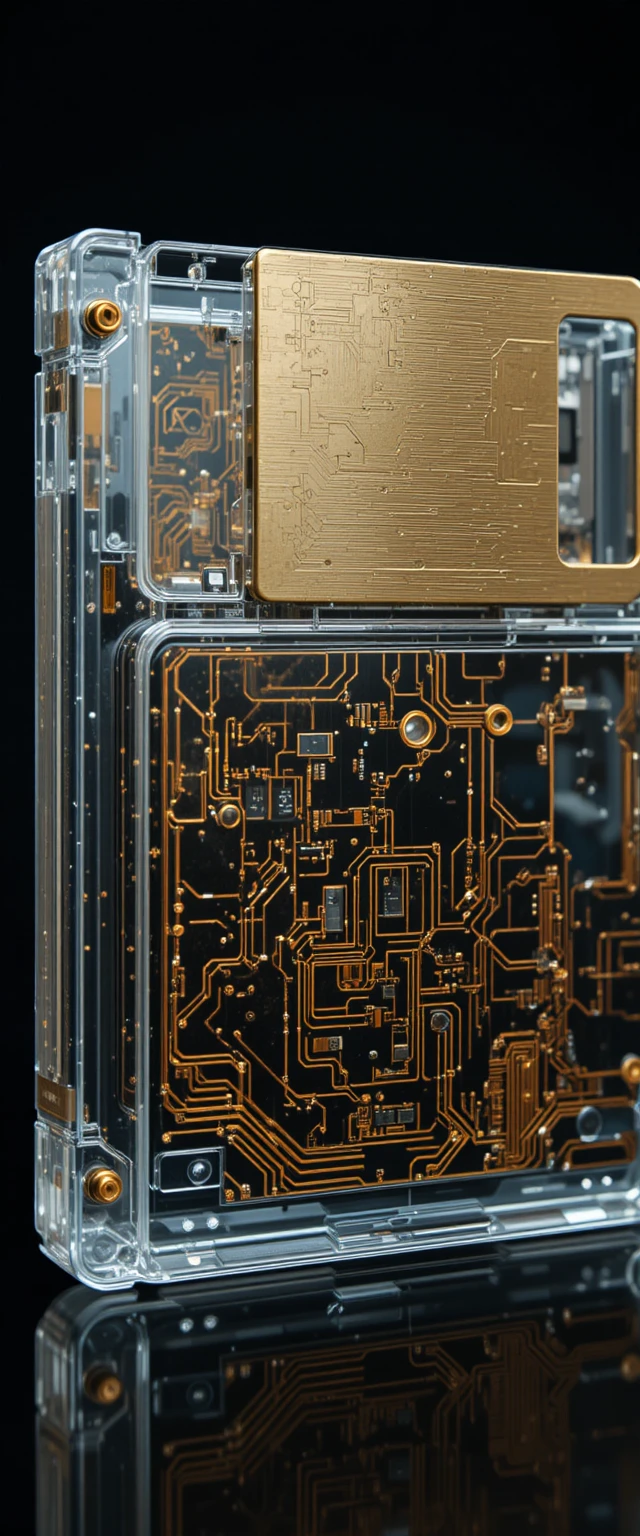Floppy disk trasparente sci‑fi con circuiti di rame
