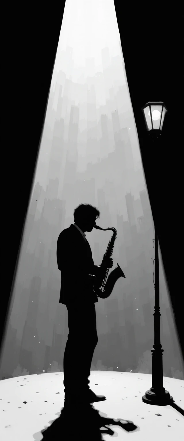 Silhueta de saxofonista de jazz sob um único holofote dramático