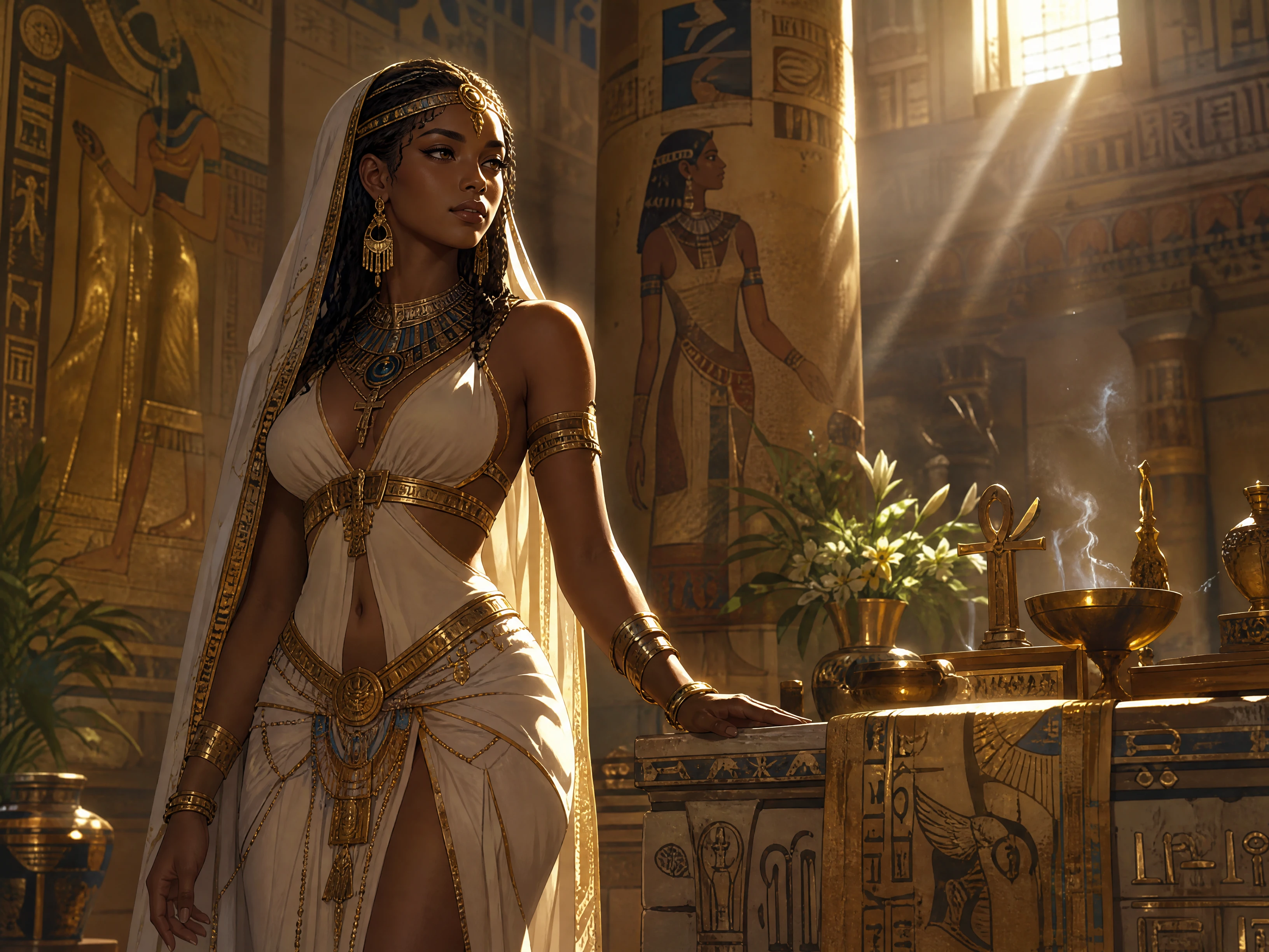 Sacerdotisa nubia junto a un altar en un templo bañado por el sol