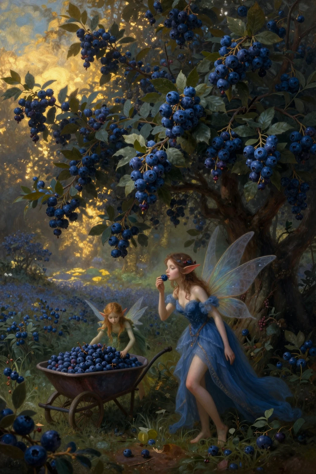 Blue fairies gathering berries in an enchanted forest