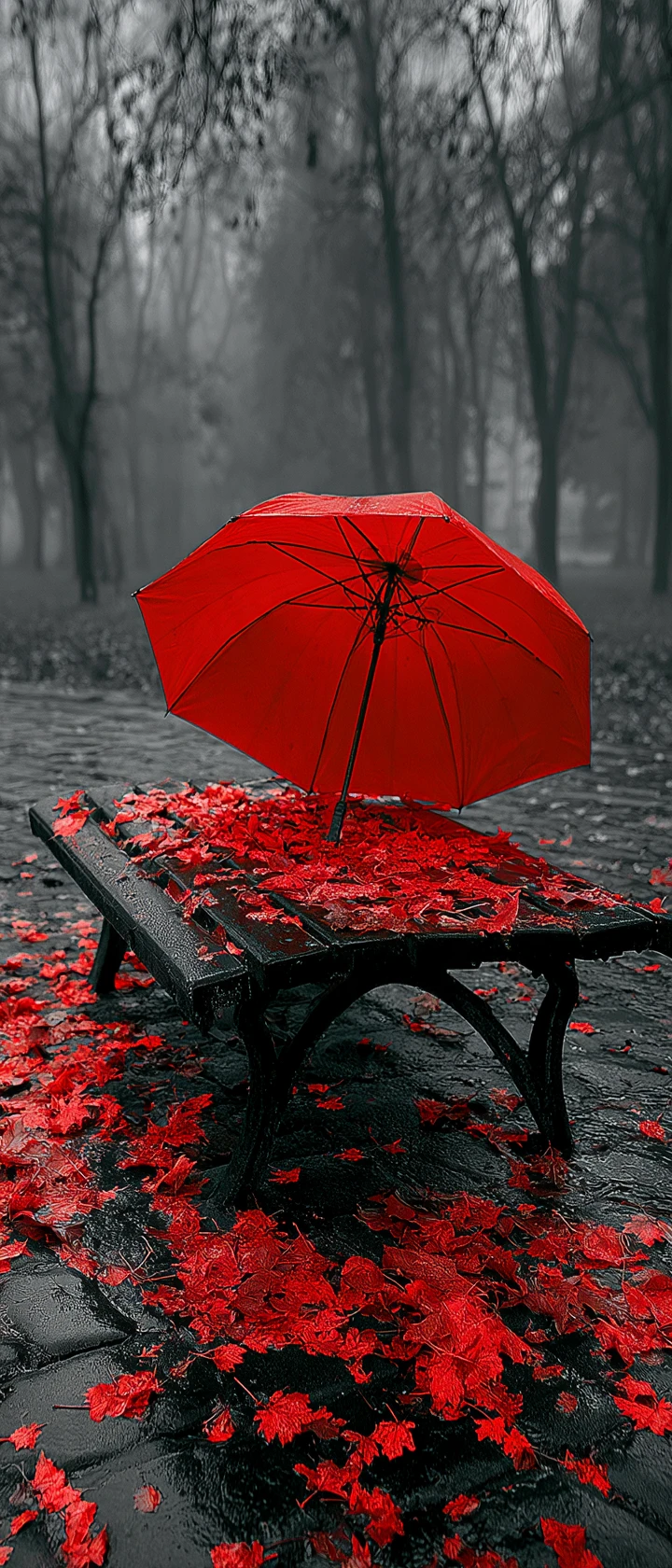 Red umbrella on wet park bench in foggy autumn forest