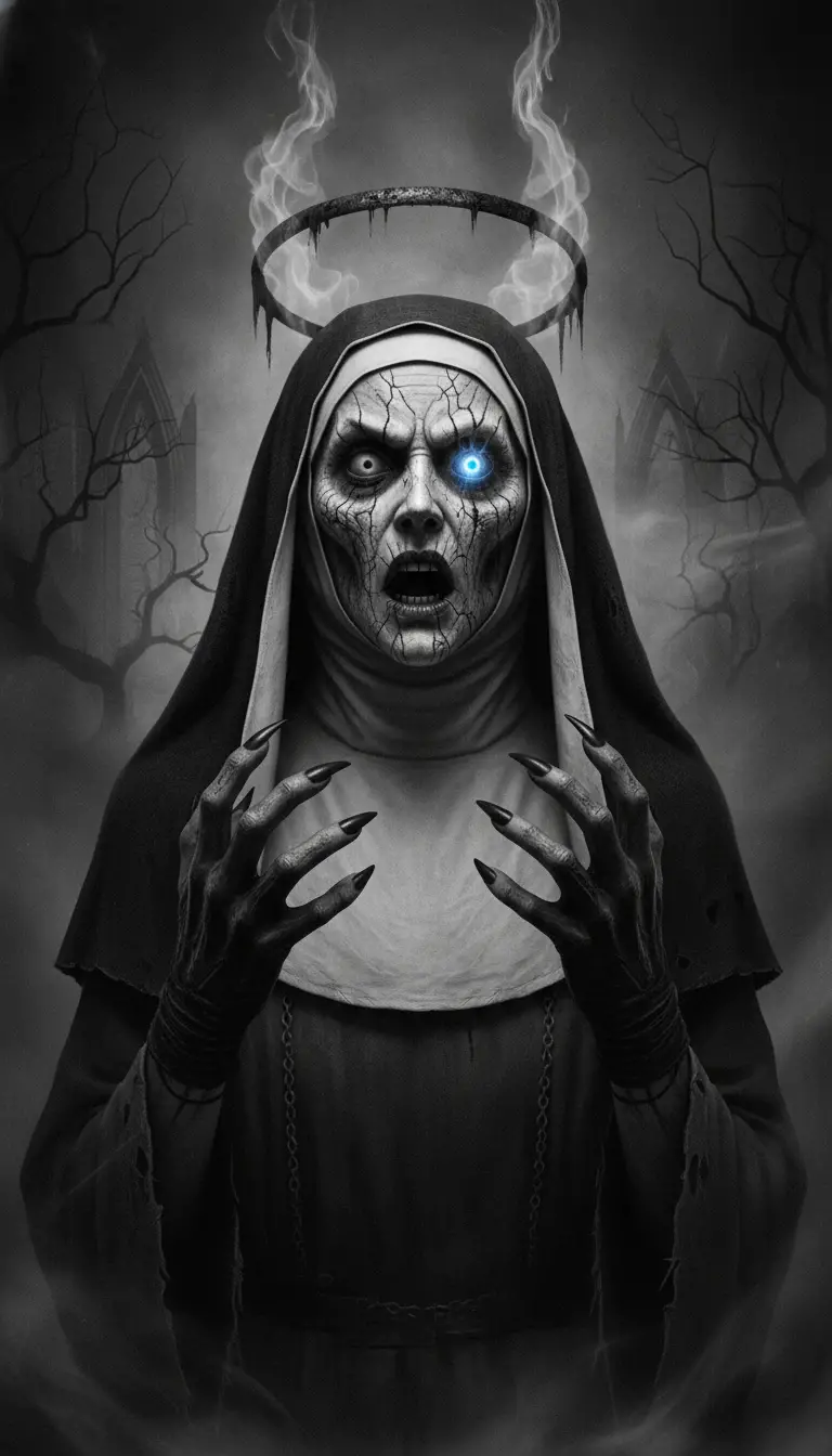 Creepy black and white nun portrait with haunting eyes