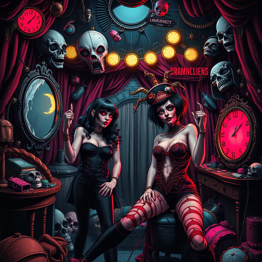 Dark surreal backstage tableau with bizarre theatrical characters