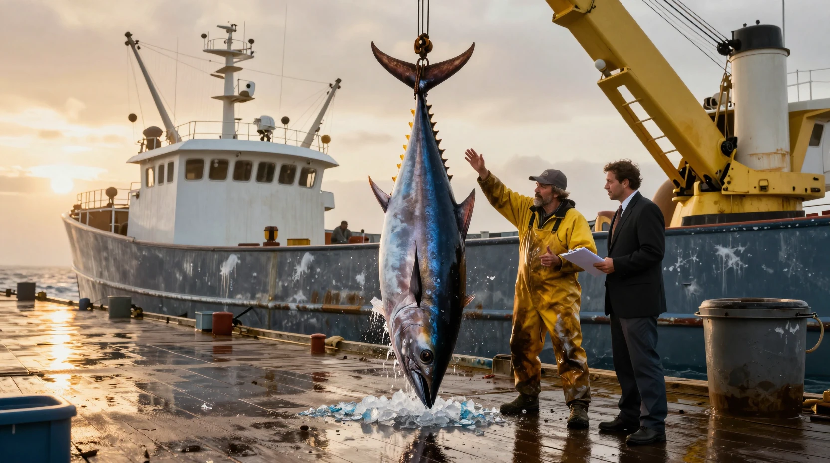 Cena cinematográfica de porto com barco de atum longliner ao pôr do sol dourado