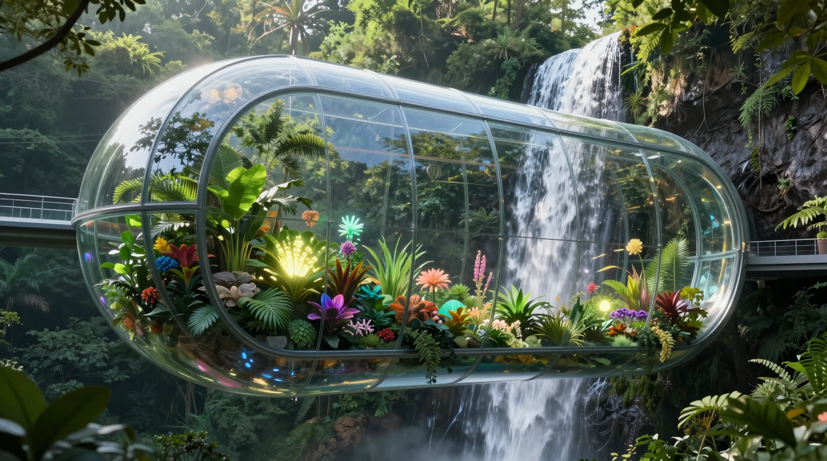 Futuristische Glas-Biosphäre über einem Waldwasserfall