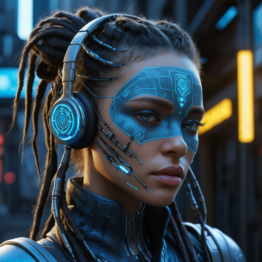 Cyberpunk hacker woman with glowing tattoos and mask