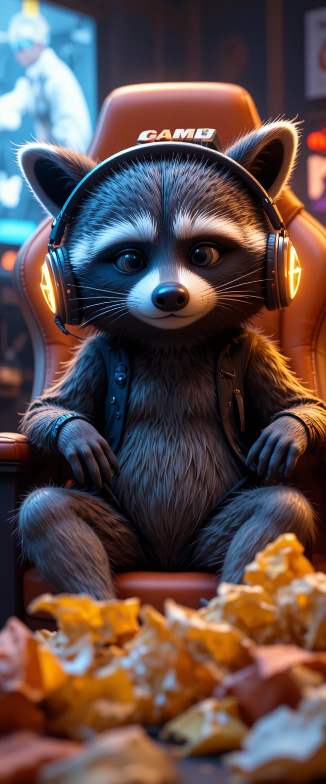 Schläfriger 3D-Waschbär-Gamer mit leuchtendem Kopfhörer-Setup
