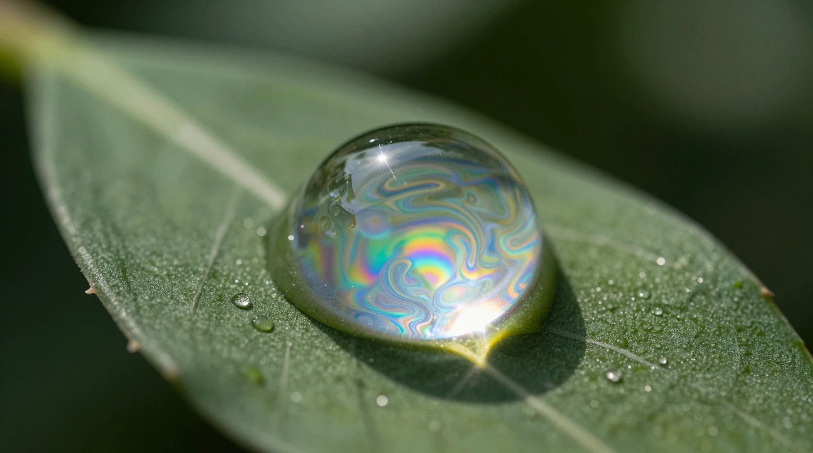 Goccia d’acqua macro con interferenza arcobaleno su foglia verde