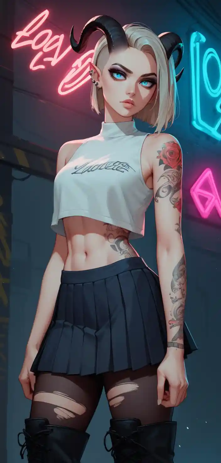 Edgy platinum haired tiefling woman with tattoos and horns