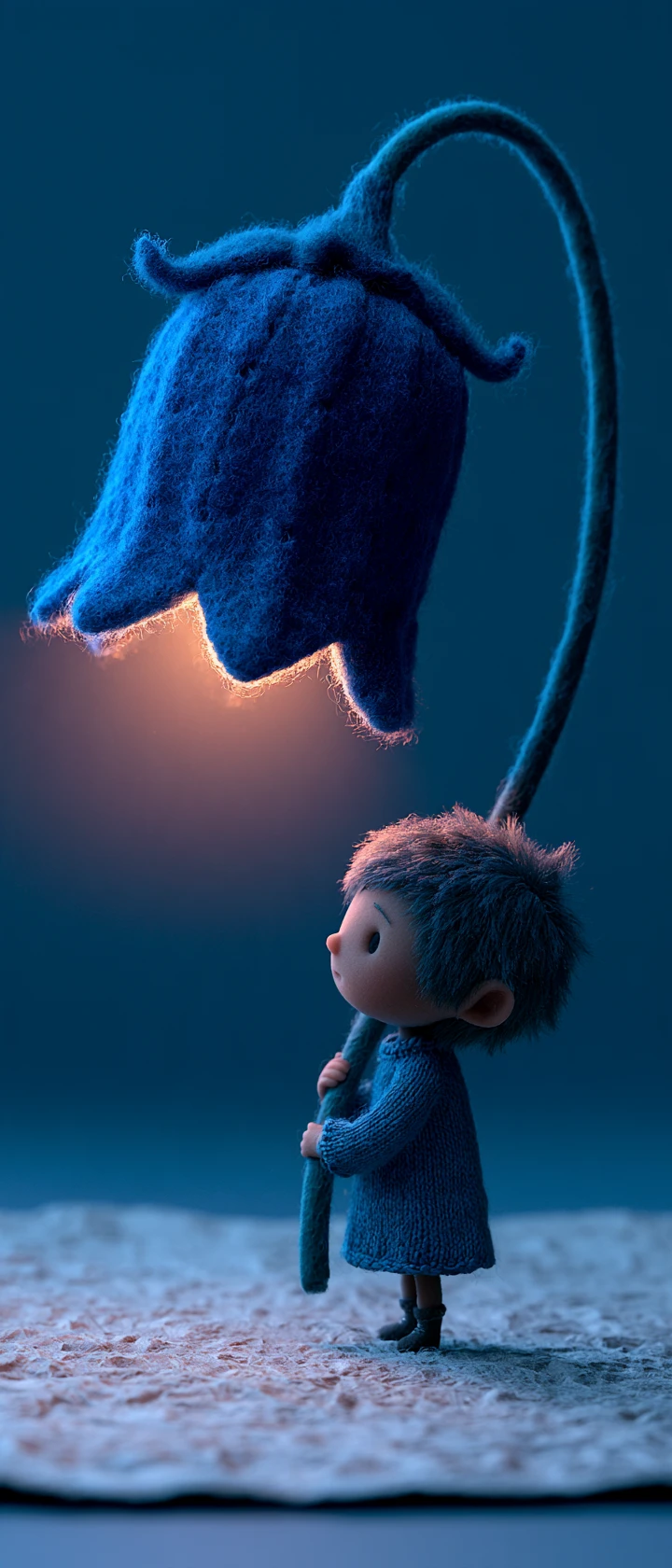 Winziger Junge unter einer leuchtenden blauen Glockenblumen-Lampe in 3D