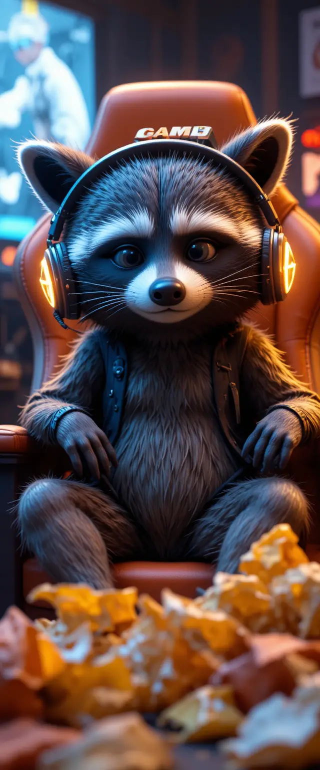 Schläfriger 3D-Waschbär-Gamer mit leuchtendem Kopfhörer-Setup
