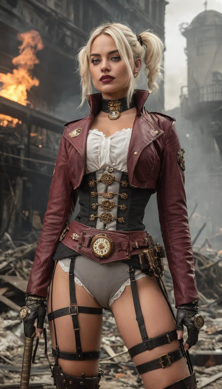 Steampunk woman in futuristic city ruins by day