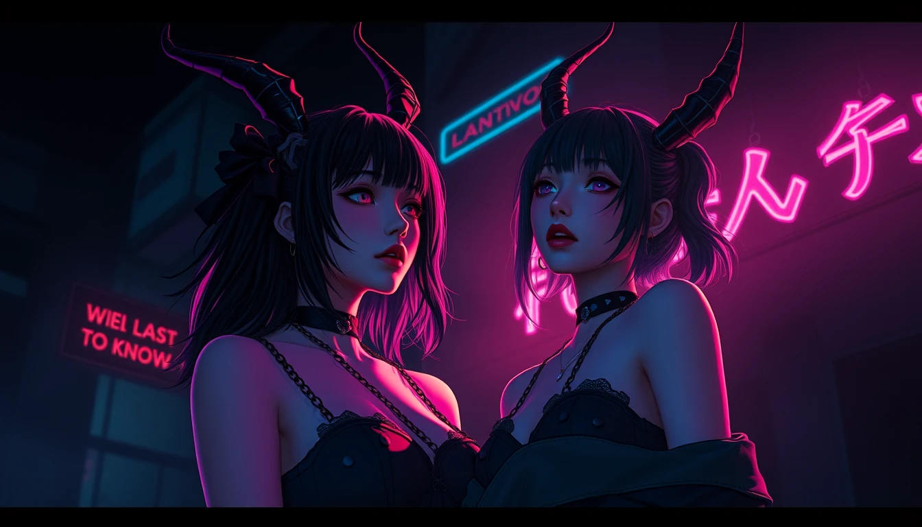 Cena gótica de cidade neon com duas mulheres na escuridão surreal