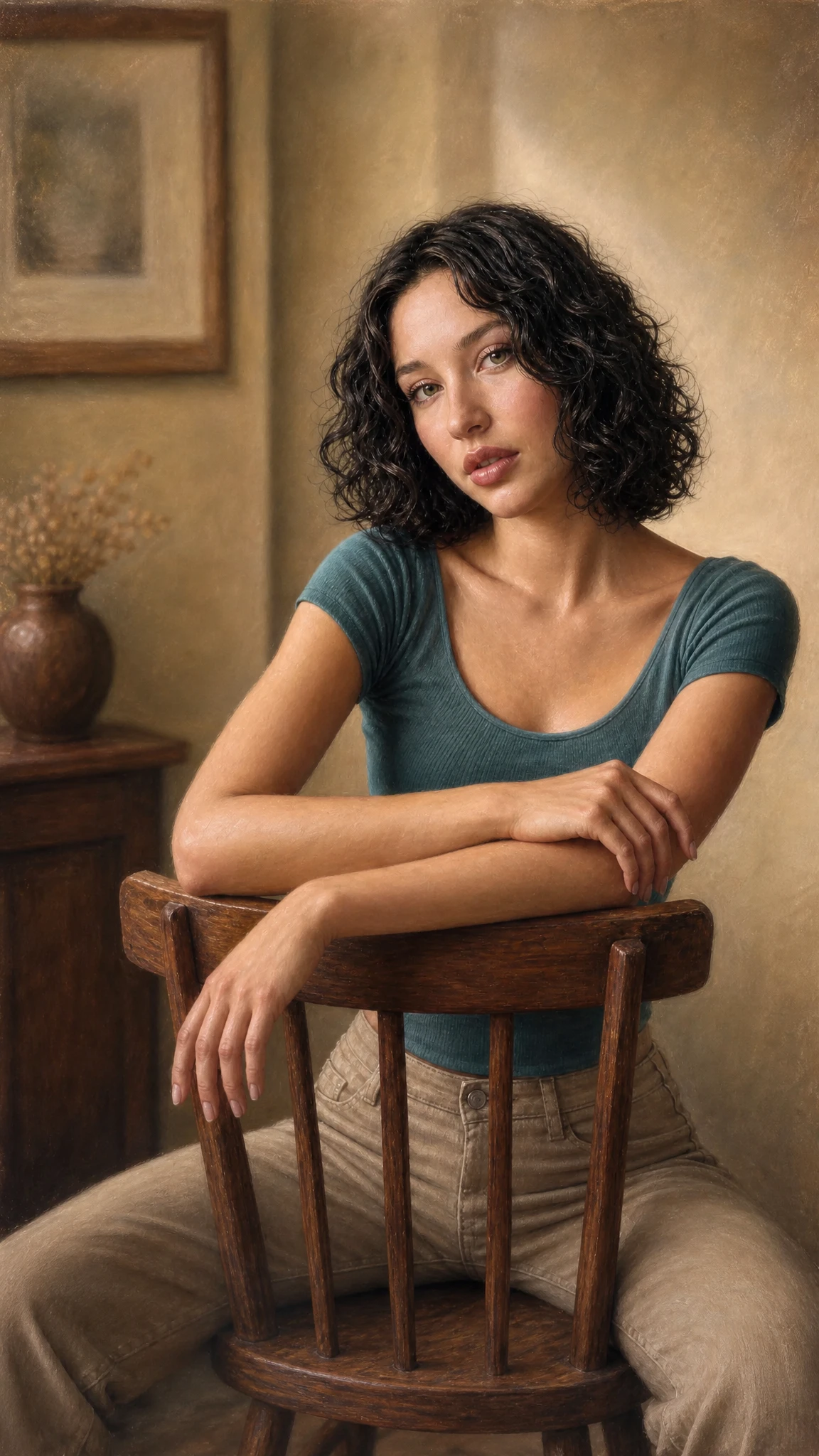Seated girl with curly hair in soft pastel indoor portrait