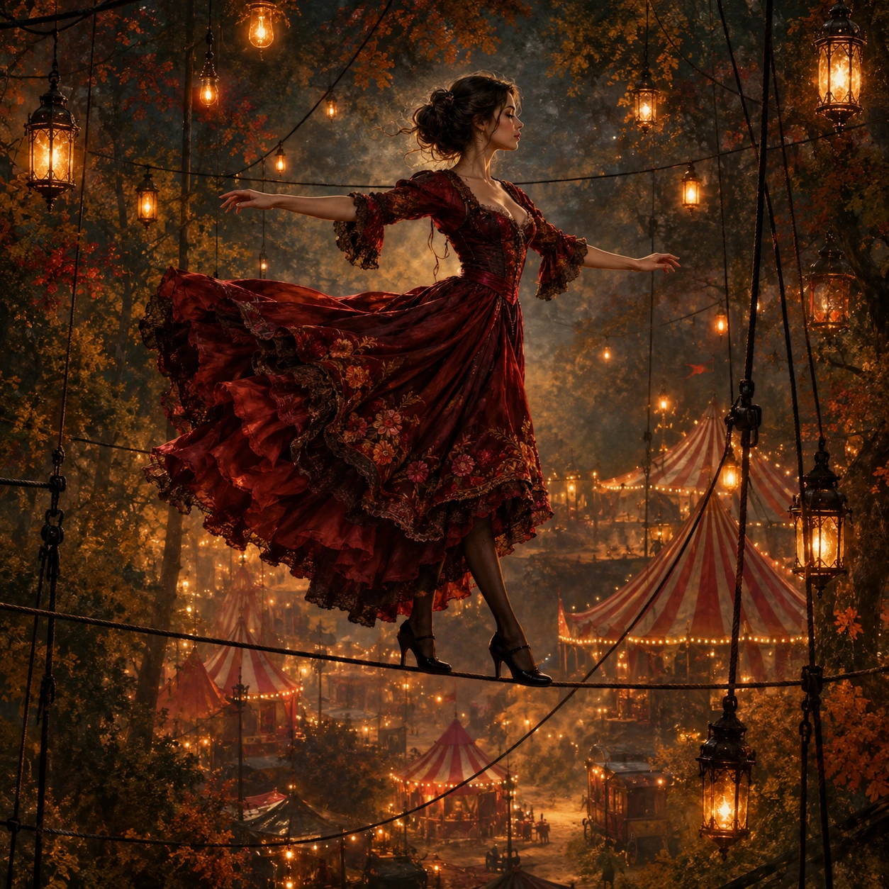 Graciosa dançarina de circo equilibrando-se em um fio iluminado por lanternas