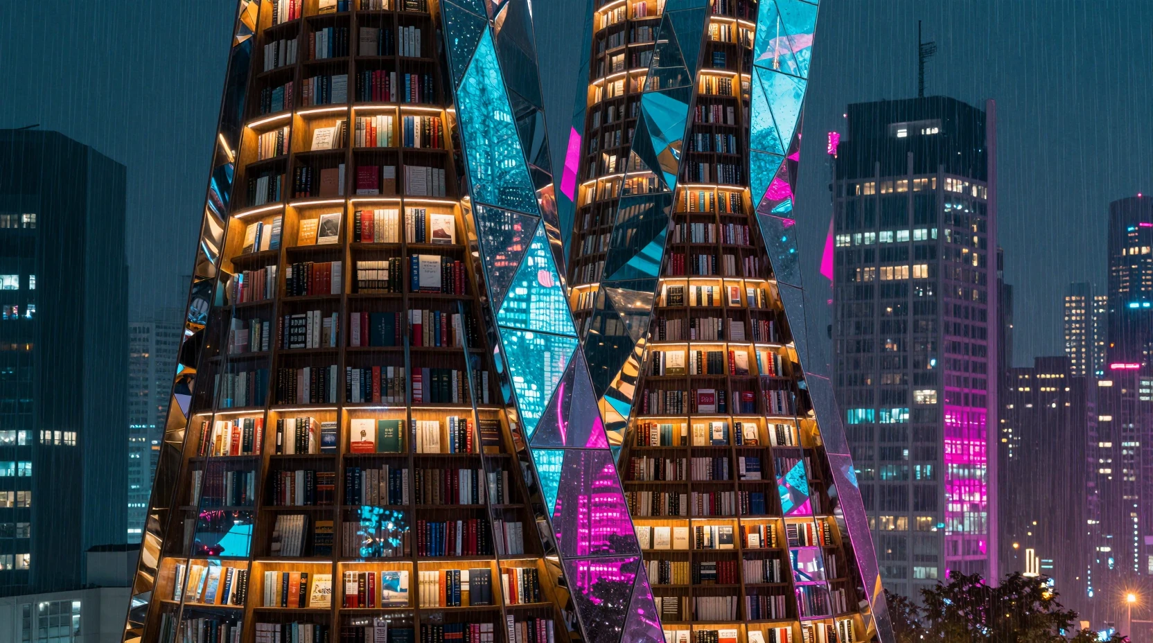 Futuristische Helix-Glasbibliothek in neonleuchtender Cyberpunk-Stadt