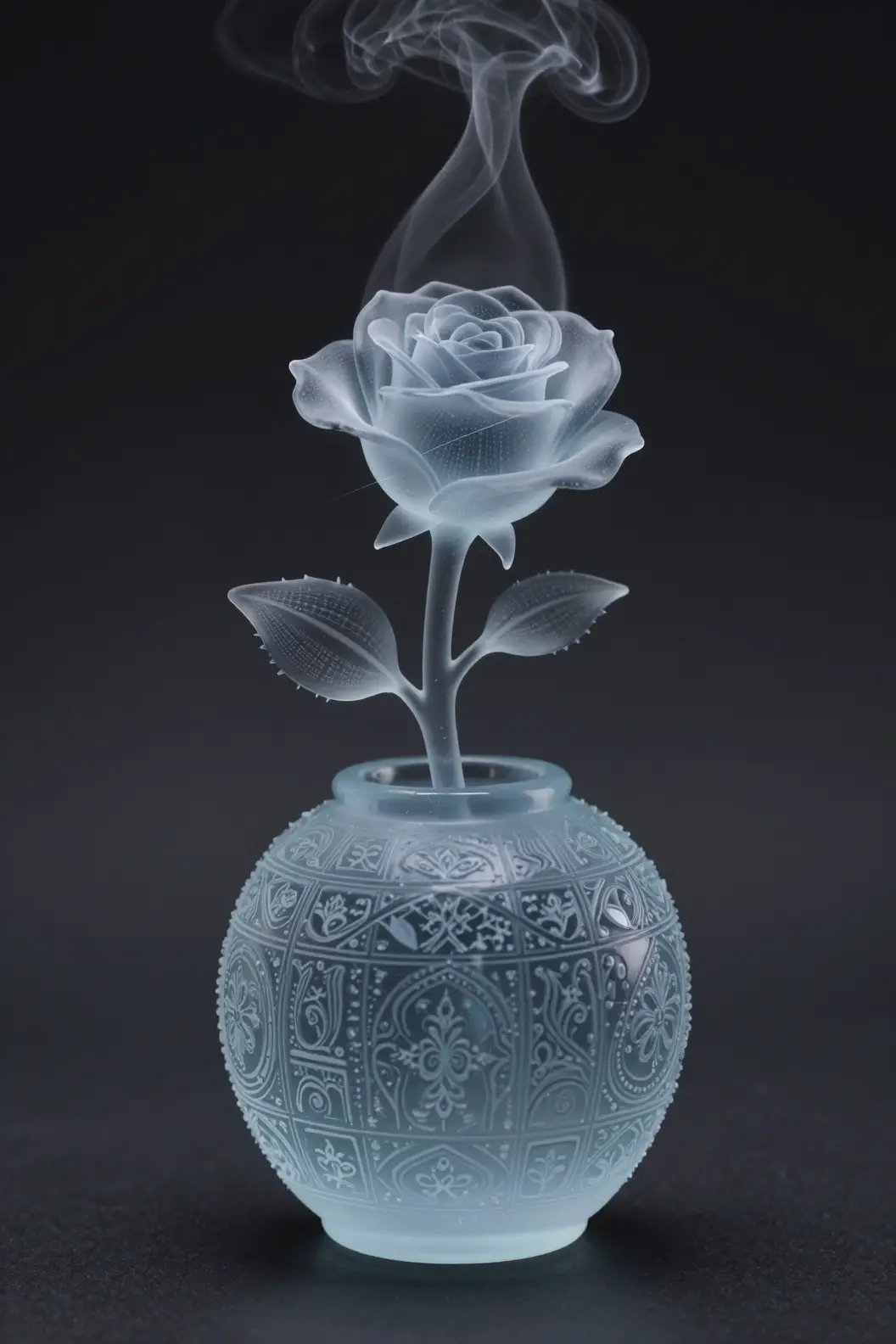半透明藍色玻璃雕塑與升騰水蒸氣