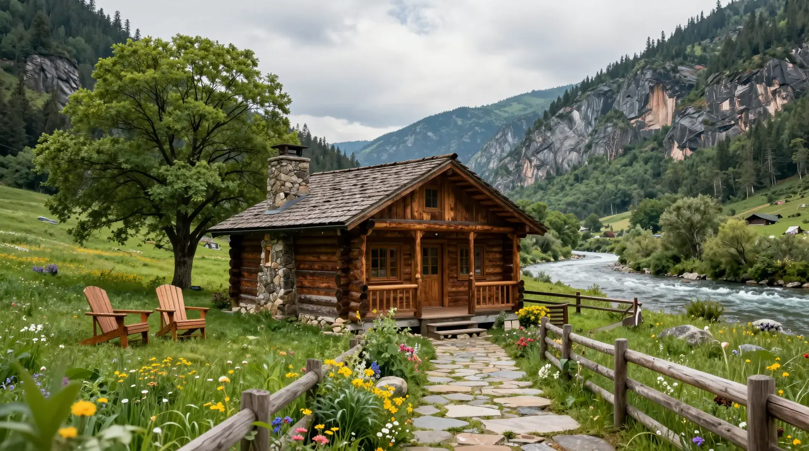 Rustica baita di tronchi in una rigogliosa valle di montagna