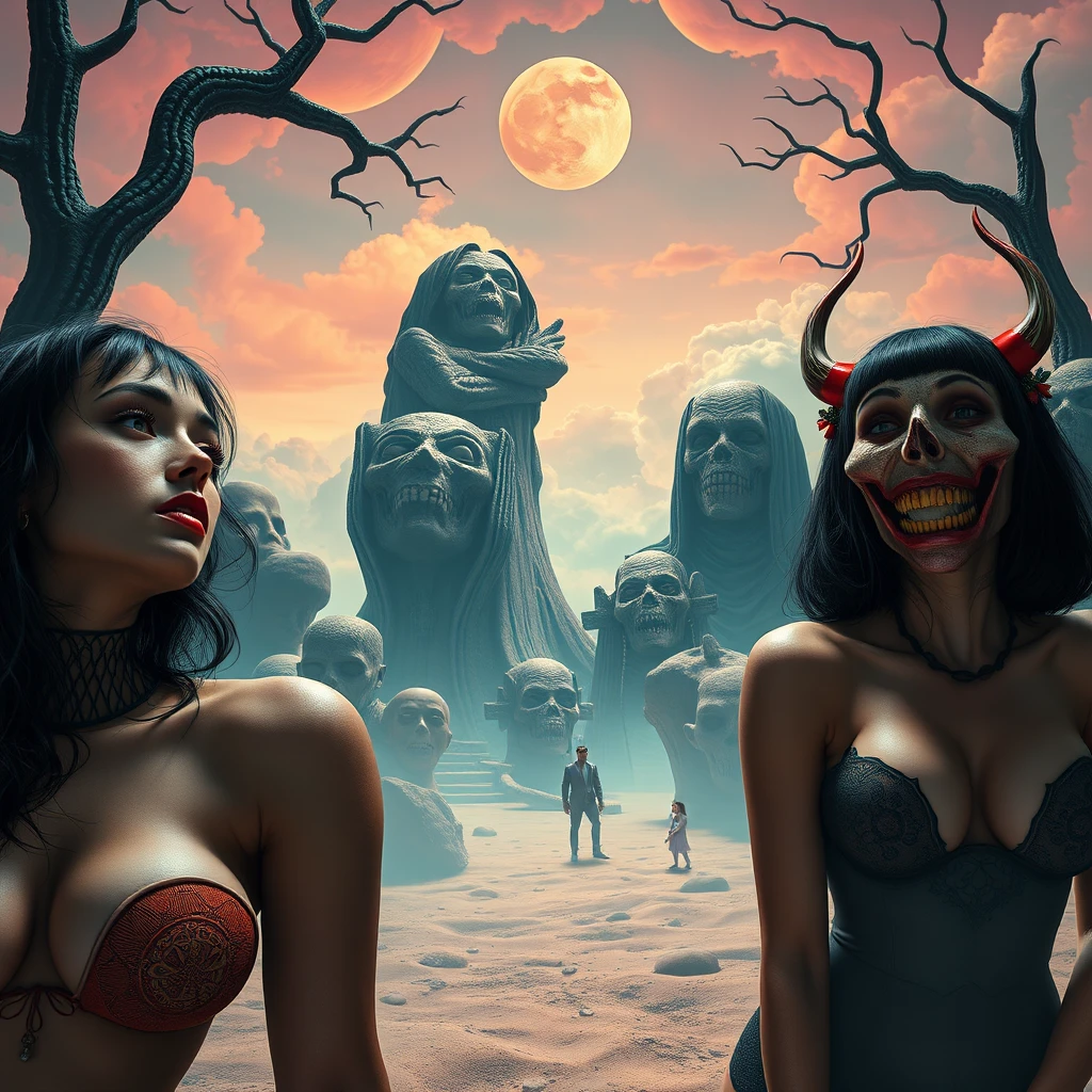 Paisagem utópica surreal de mulheres em um terror cômico sombrio