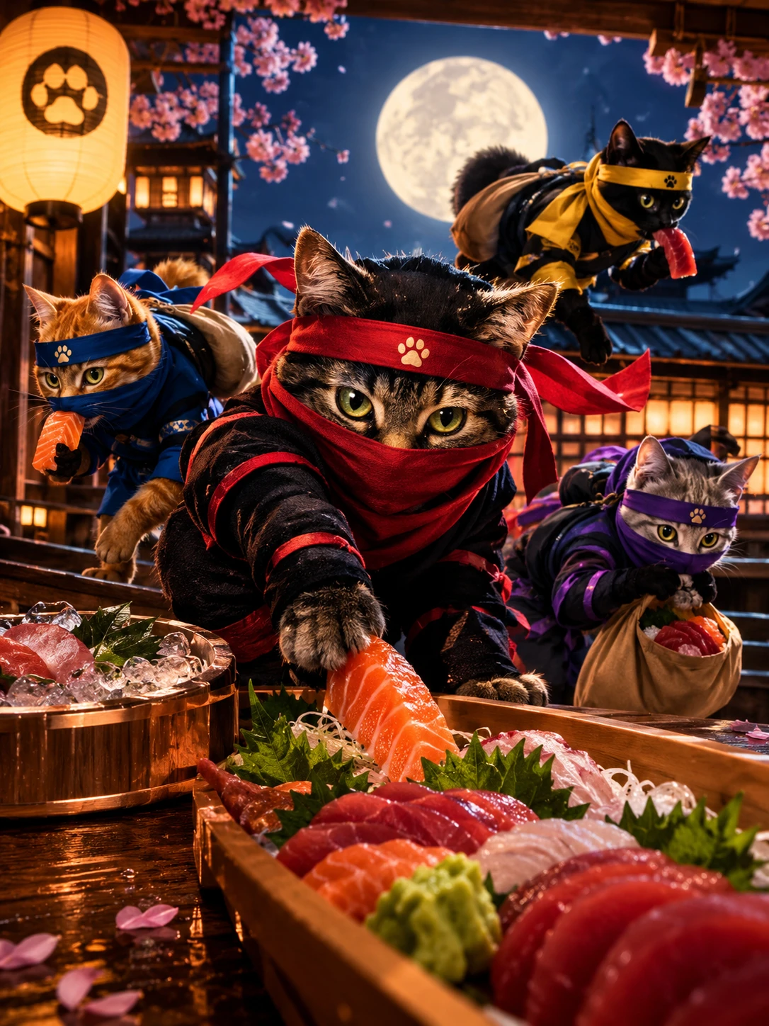 Vibrant ninja cats staging a dramatic sashimi heist
