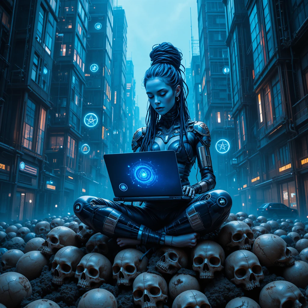 Cybernetic hacker woman meditating on a skull throne