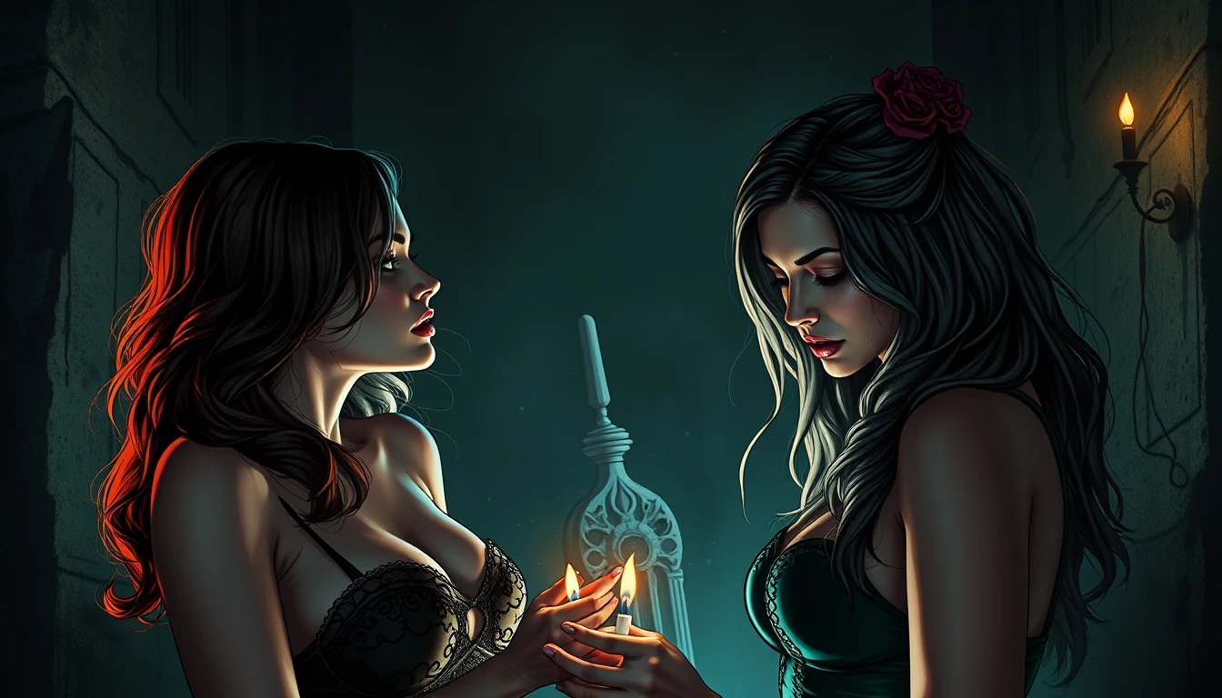 Scena a fumetti oscura e surreale con due donne glamour