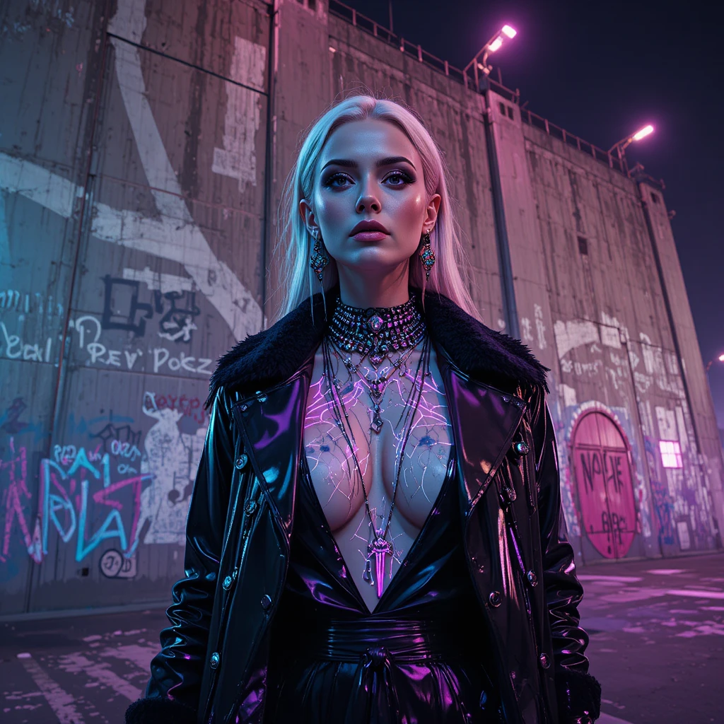 Cyberpunk-Frau posiert vor neonbeleuchteter Betonflutmauer