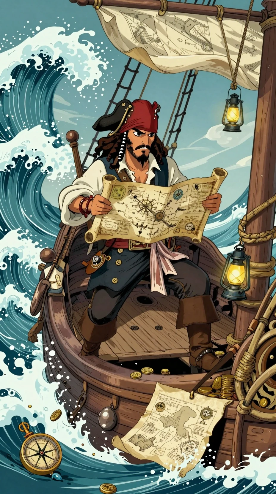 Cartographe pirate protégeant une carte au trésor dans une violente tempête