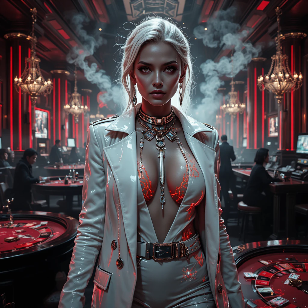 Mulher cyberpunk noir em um cassino subterrâneo enfumaçado