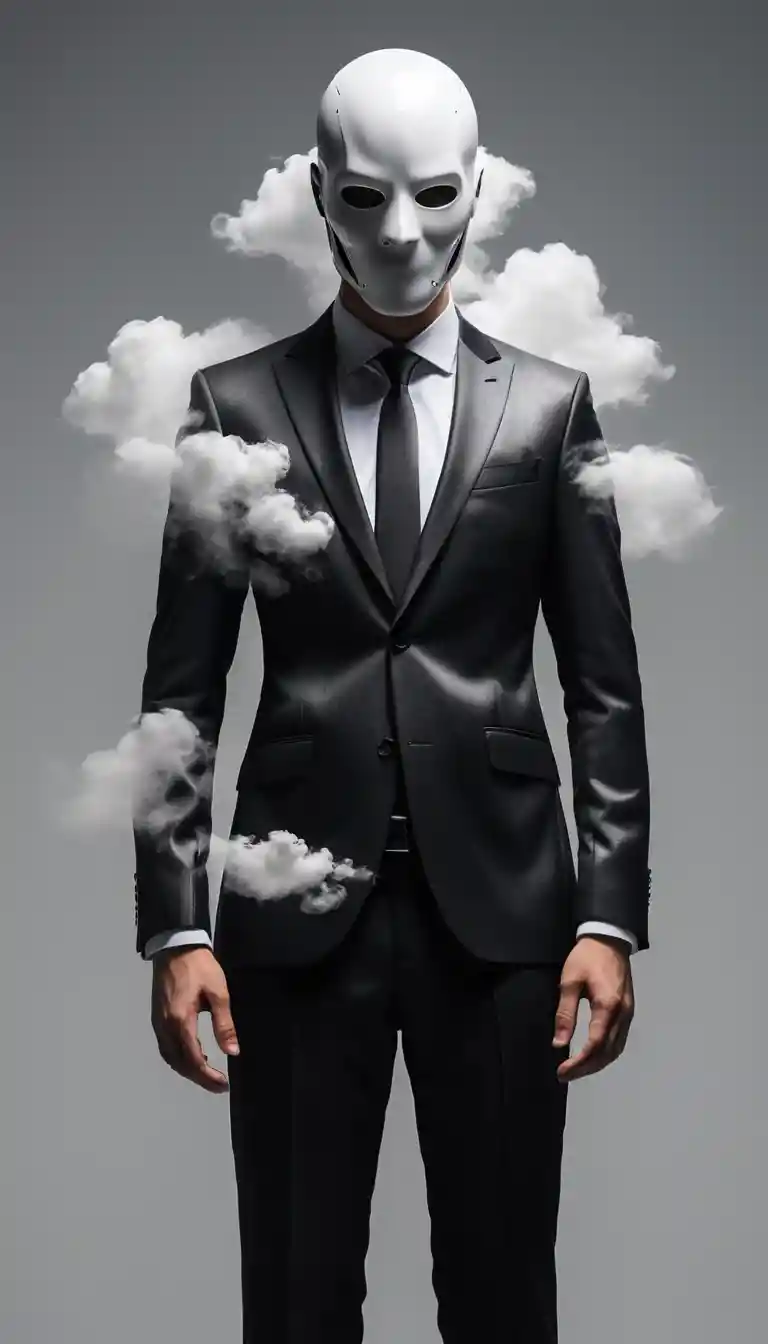 Headless figure in a shiny black suit on gray background