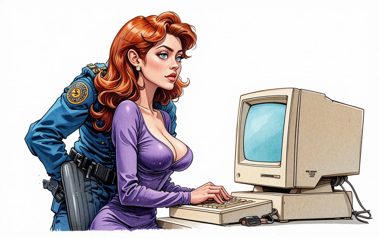 Mujer pelirroja en computadora antigua con policía burlón