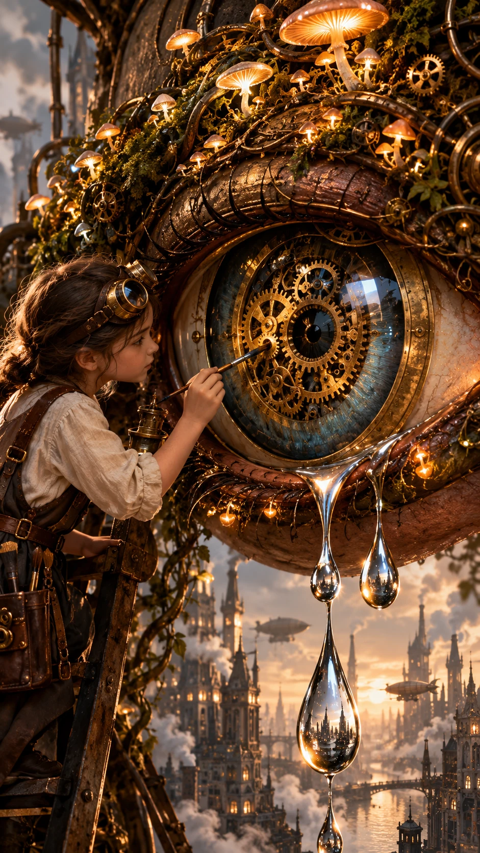 Steampunk girl repairing a giant mechanical bronze eye