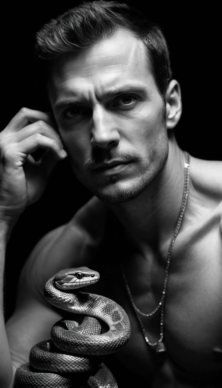 Retrato em preto e branco de homem com cobra e frasco de perfume