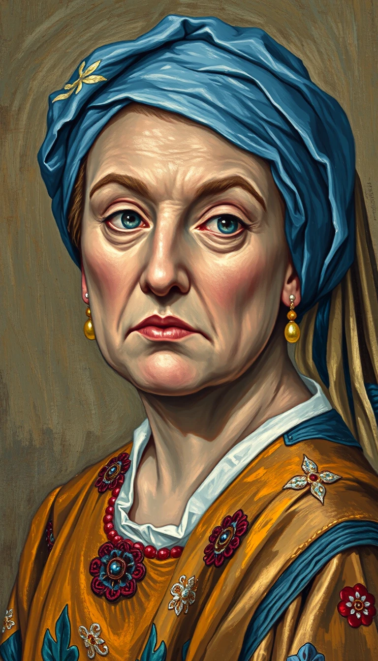Young woman portrait with pearl earrings and blue turban