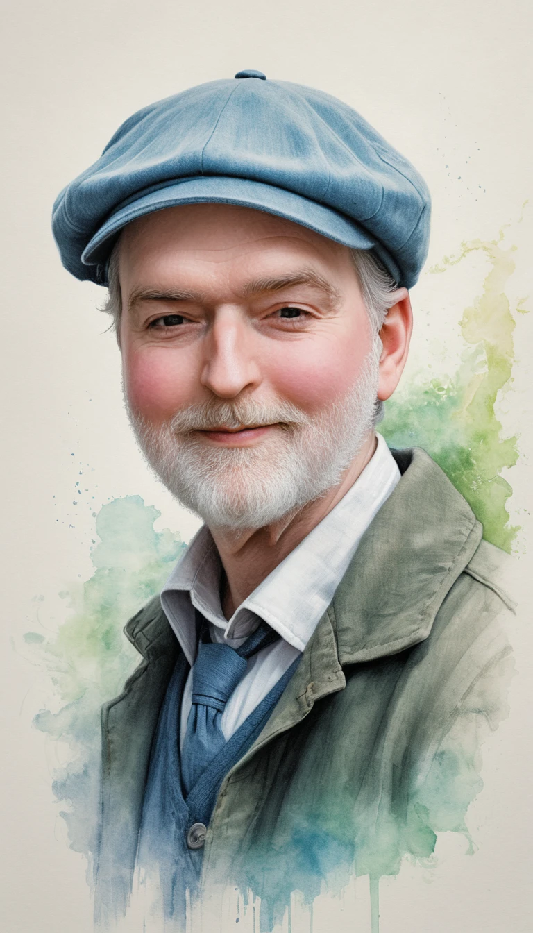 Retrato de idoso em lápis de cor com gesto pensativo