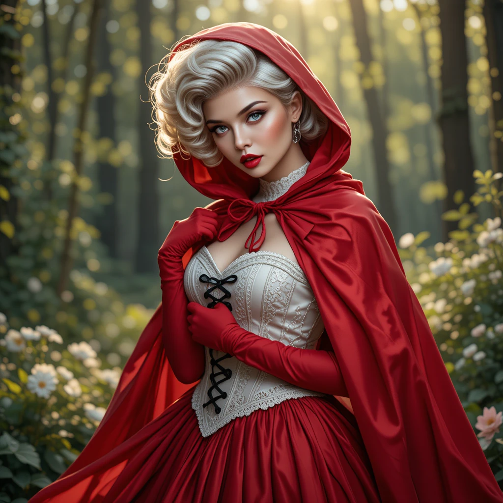 Silver haired woman in red cloak in sunlit forest