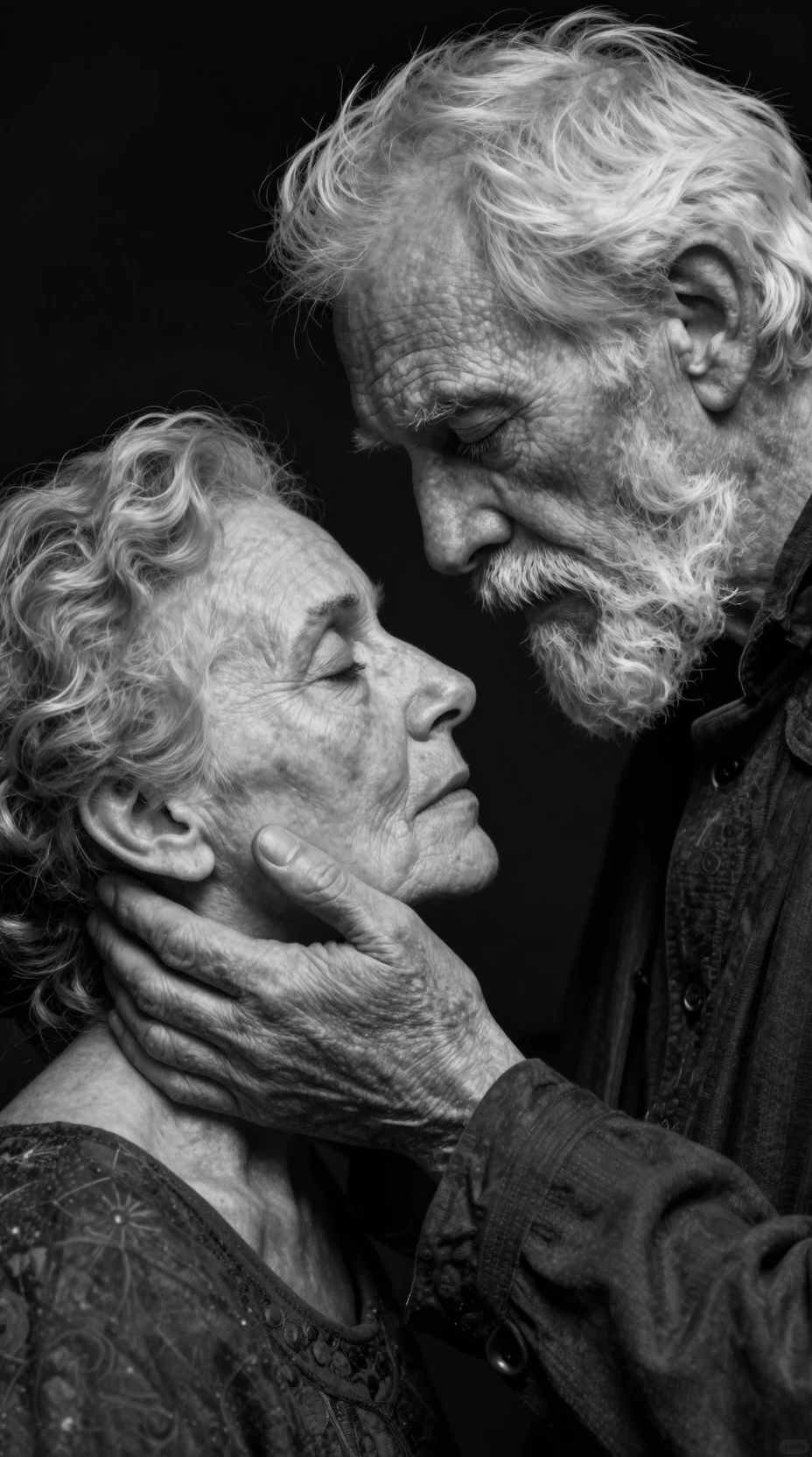 Tender close up of elderly couple in black and white