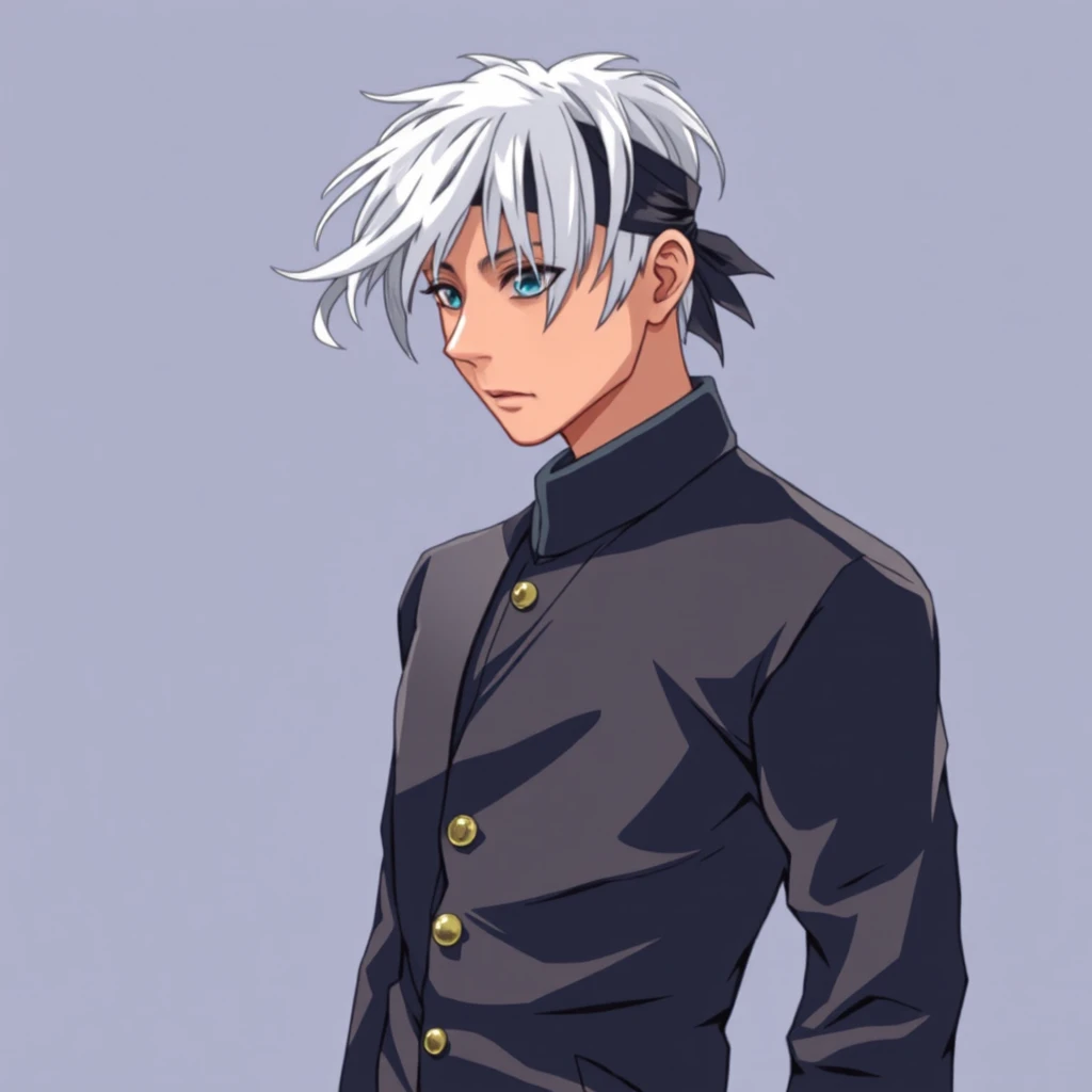 Homem de anime alto de cabelo branco com venda preta