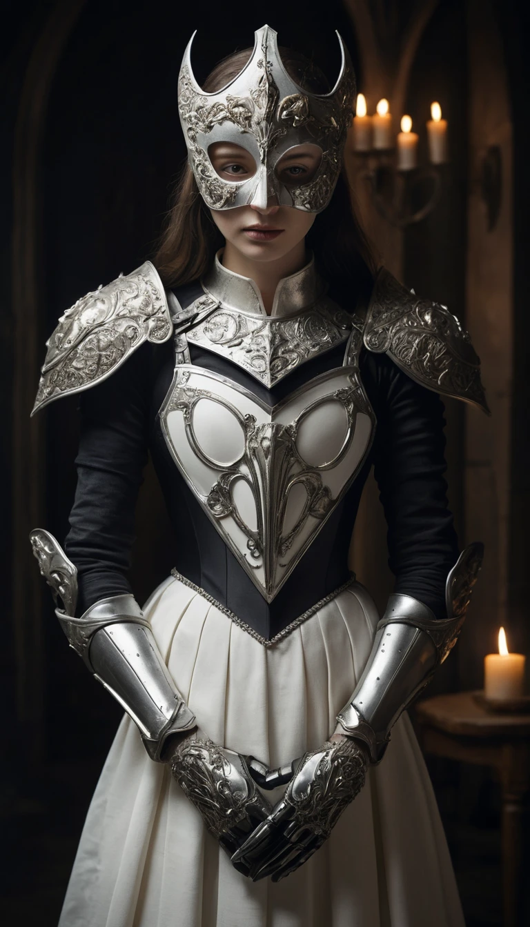 Dual portrait of a woman in white dress and dark armor