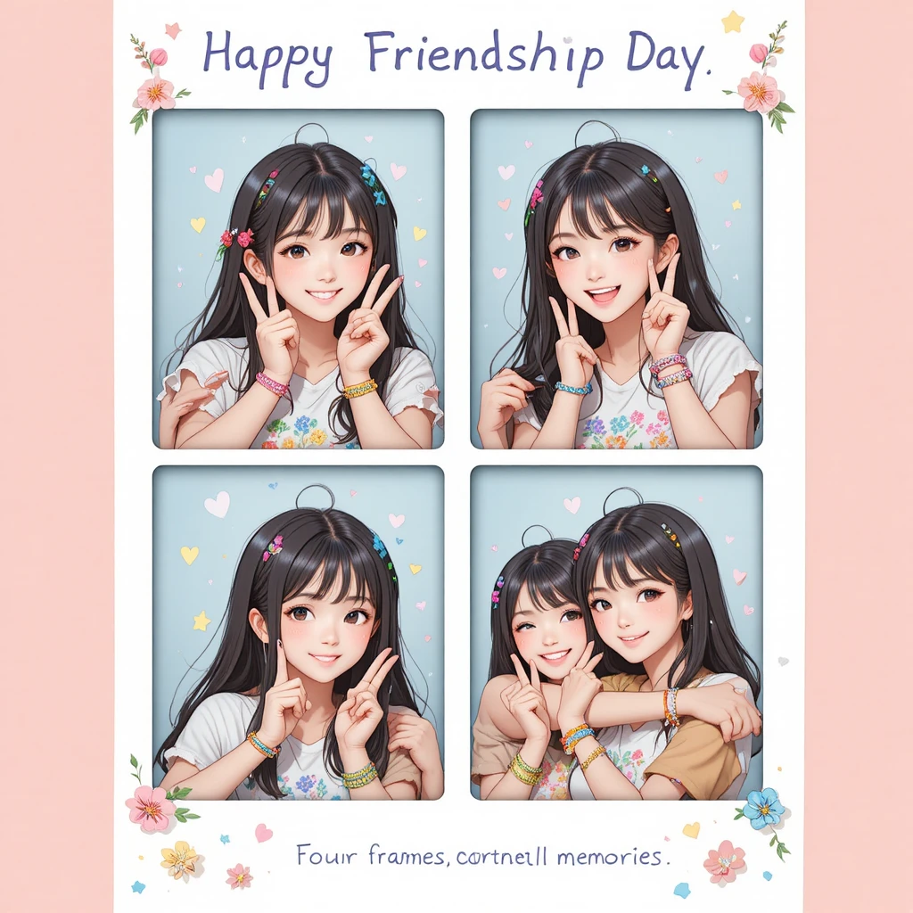 Amigos de anime sorrindo juntos em uma moldura de foto fofa