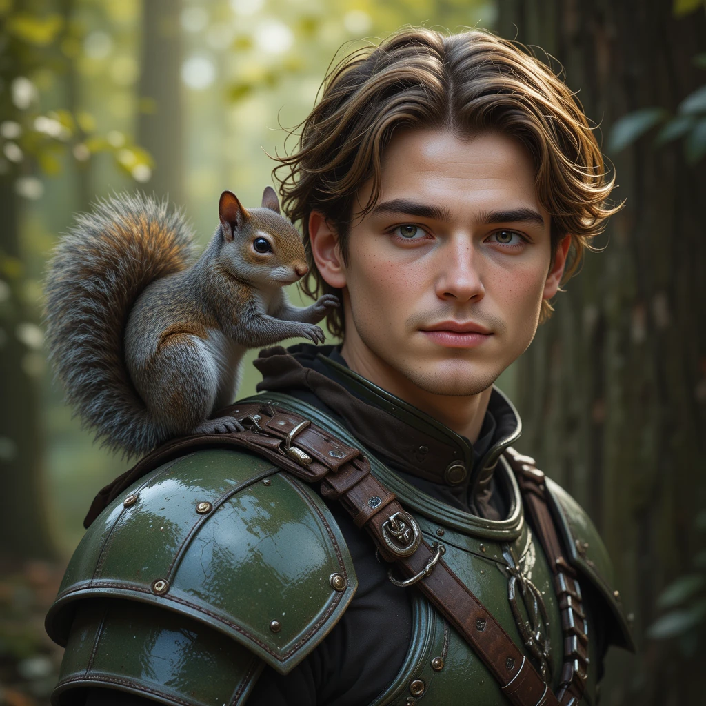 Young druid with squirrel climbing gently onto his shoulder