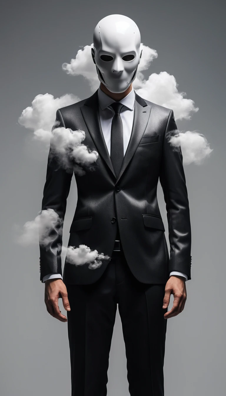Headless figure in a shiny black suit on gray background