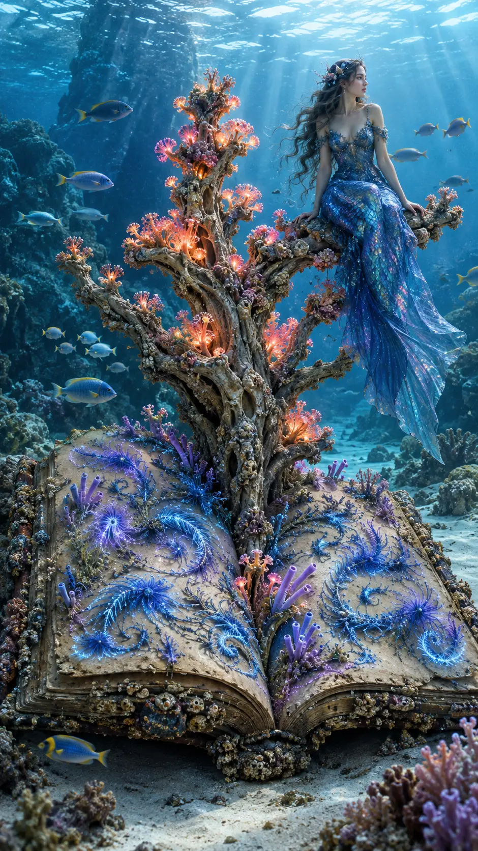 Antigo livro de coral em um leito marinho luminoso