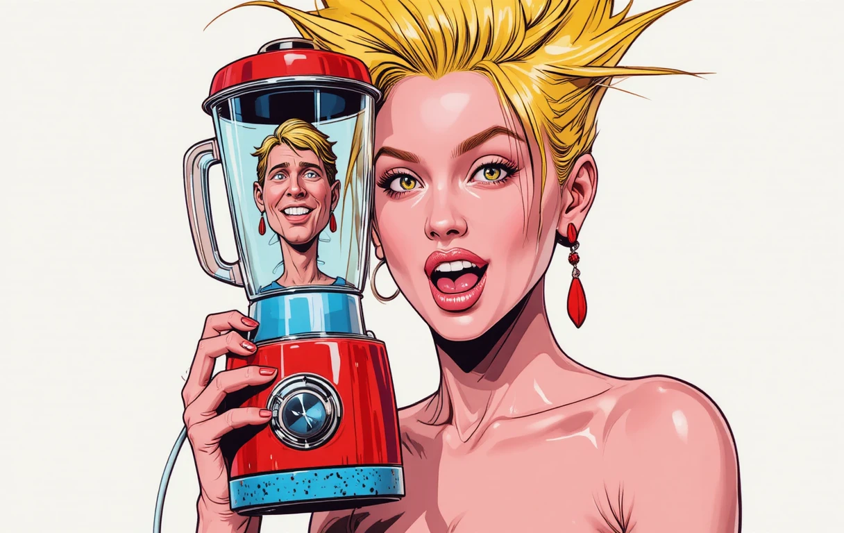 Playful girl with retro blender in bold comic style
