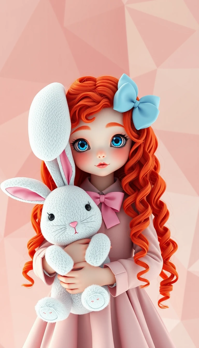 Garota de anime com coelho de pelúcia em cena 3D abstrata colorida