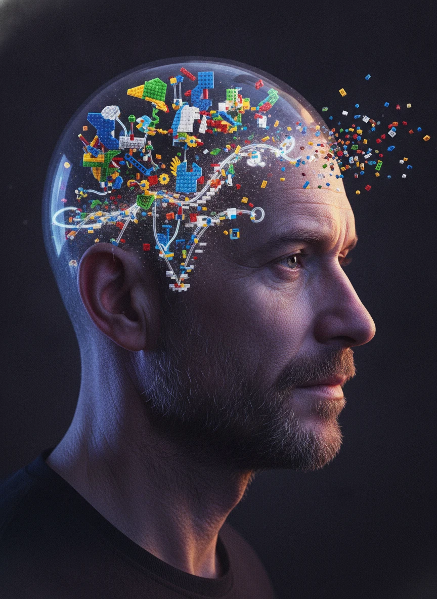 Perfil surrealista de un hombre con la mente llena de Lego