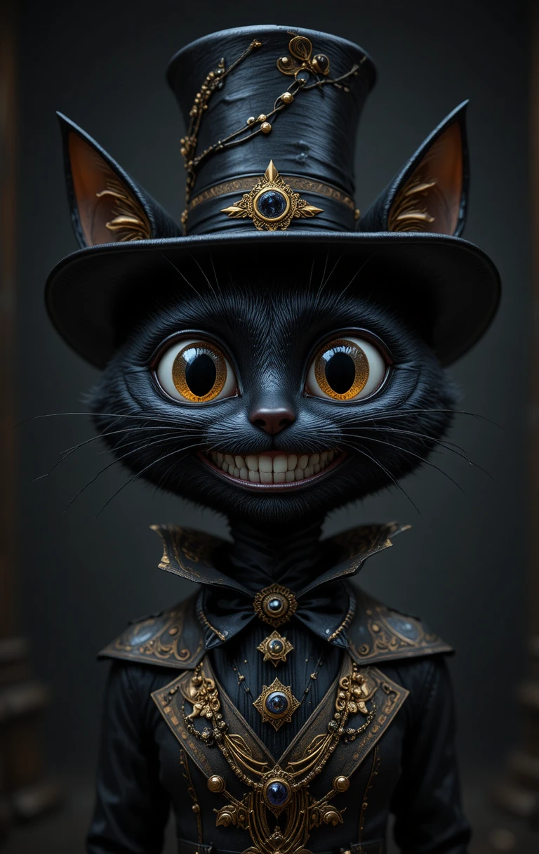 Gato 3D em estilo cartoon em preto e dourado com cartola