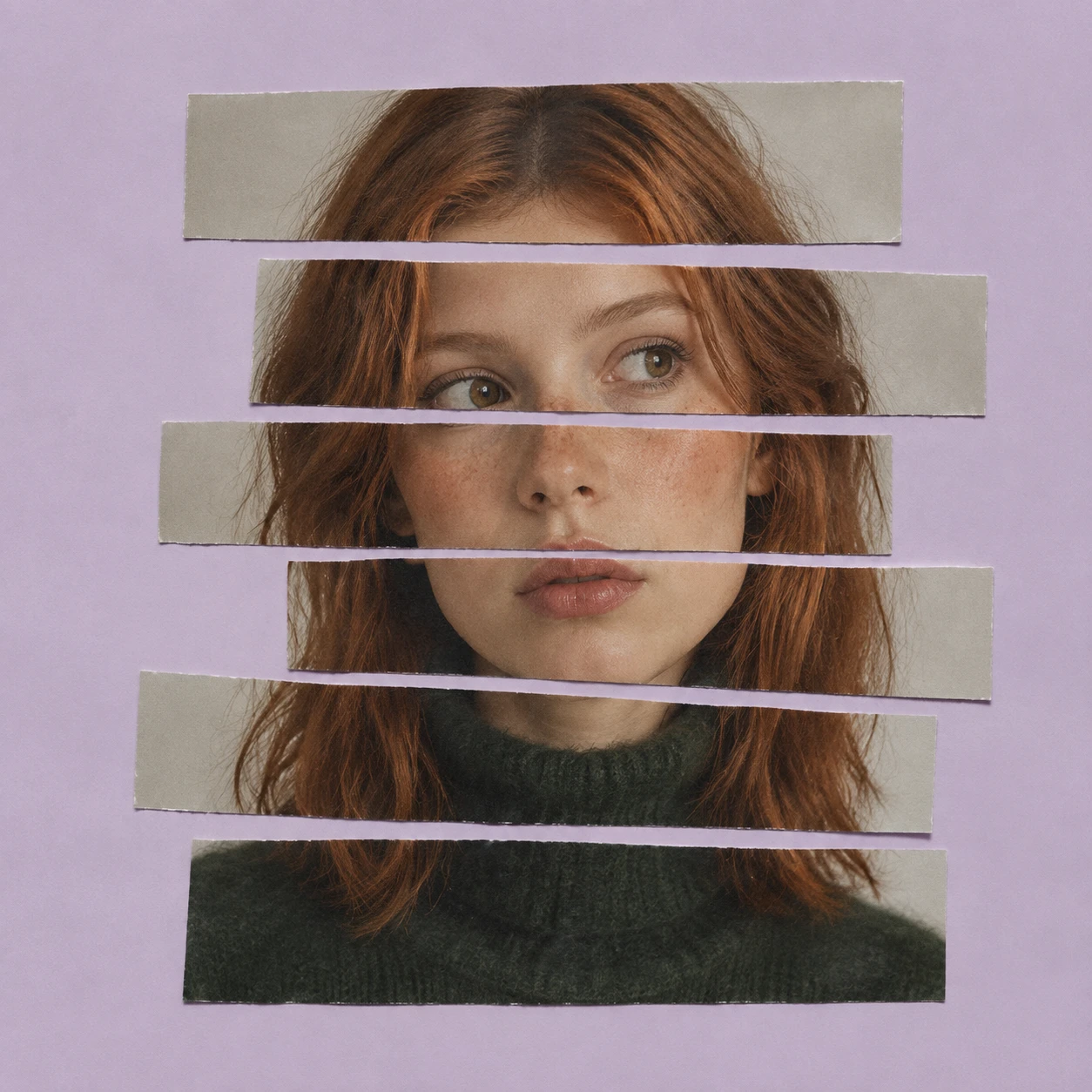 Retrato de jovem mulher curiosa em colagem horizontal em tiras